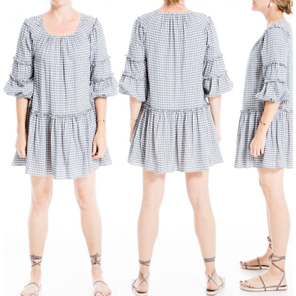 Max Studio 3/4 Sleeve Gingham Print Tiered Mini Dress XL indigo cream